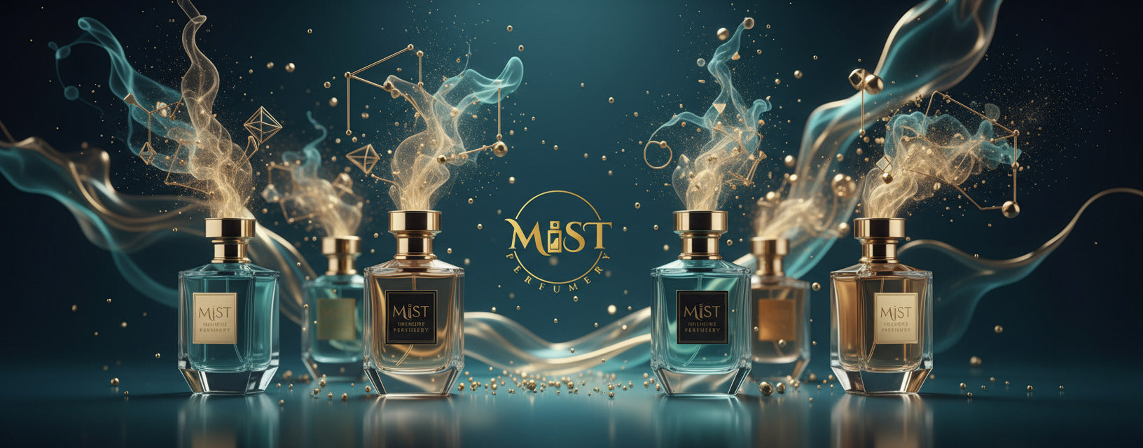Mast perfumes with swirling smoke effects on a dark background